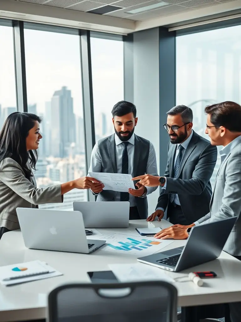 A group of diverse business professionals collaborating around a table, reviewing financial documents and charts, in a well-lit conference room.