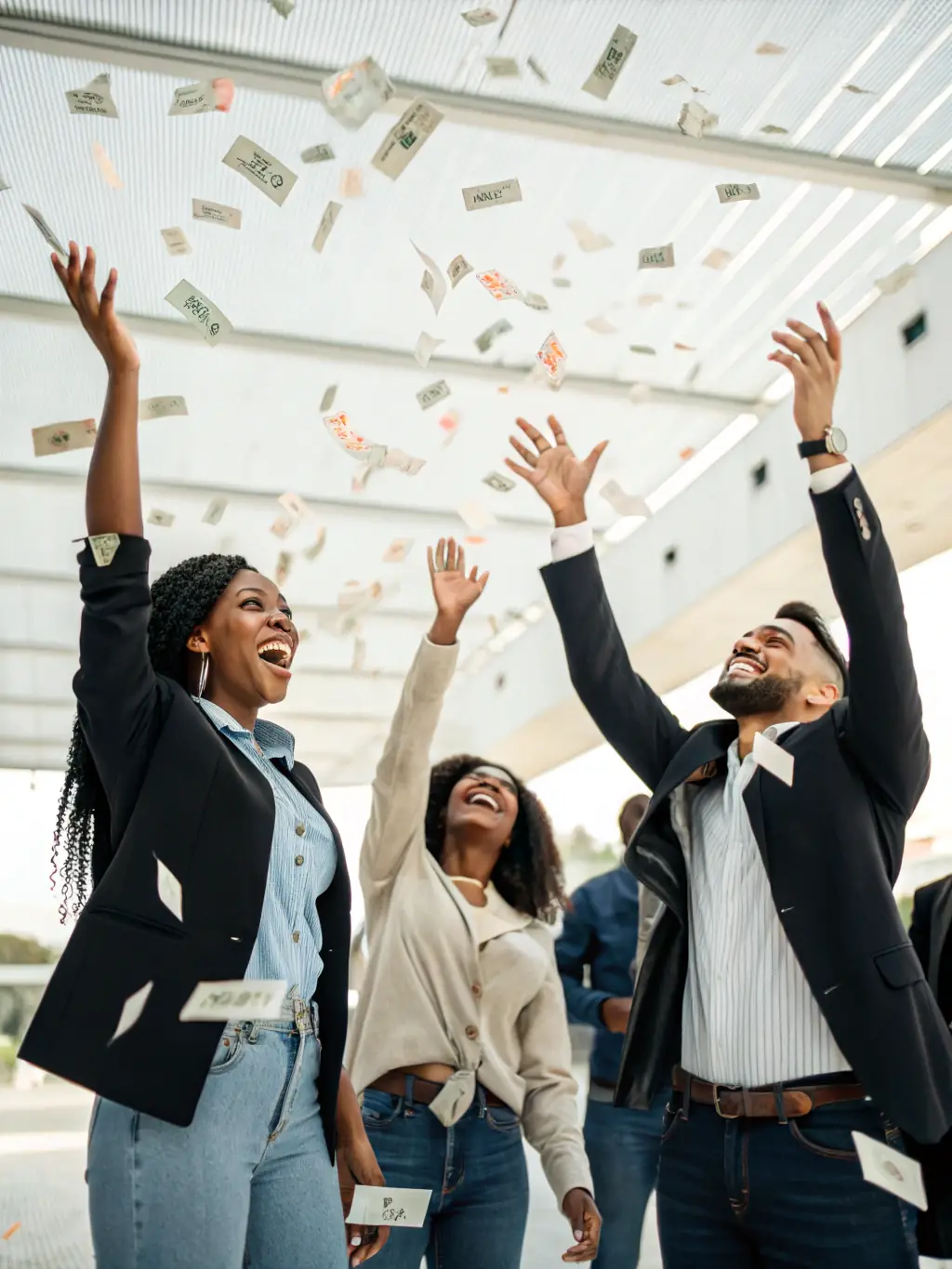 A diverse group of people celebrating financial success with raised hands and smiling faces, set against a backdrop of modern city skyline.