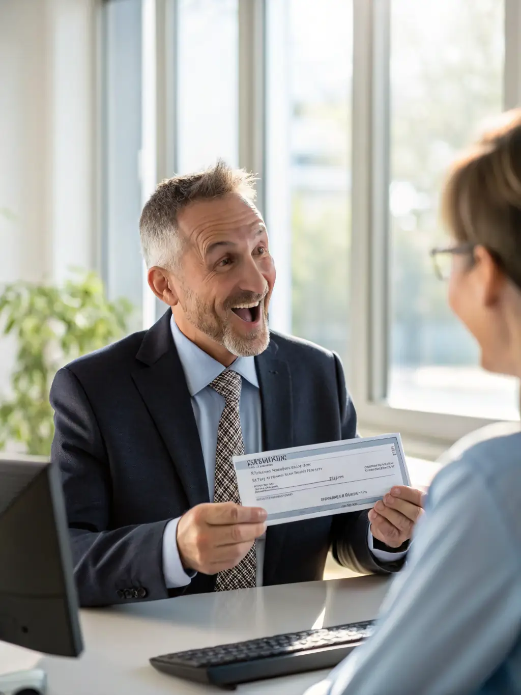 A person happily receiving a large check, symbolizing personal funding success, in a bright and modern office setting.